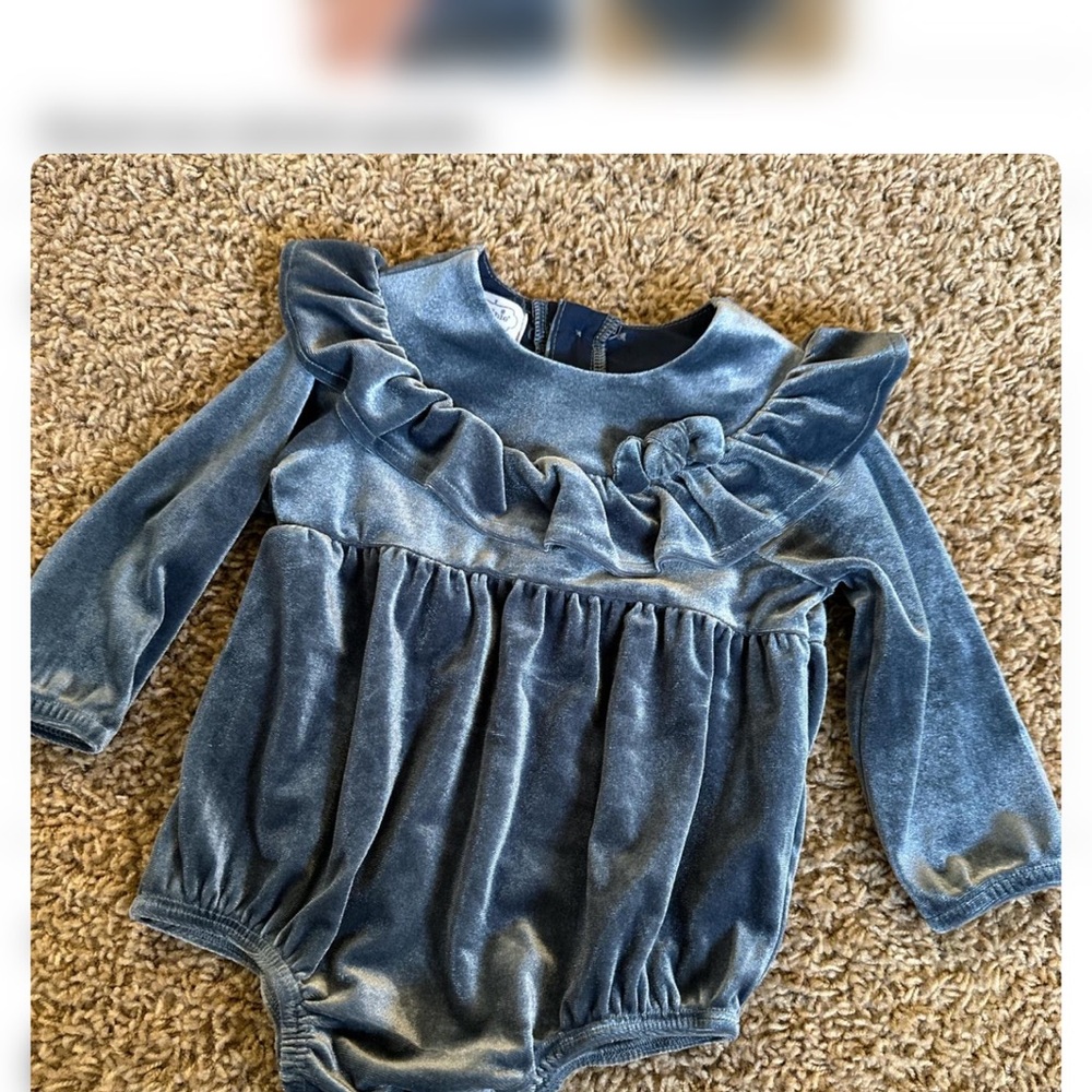Velvet Ruffle Baby Romper in Dusty Blue Mud Pie 6-9month